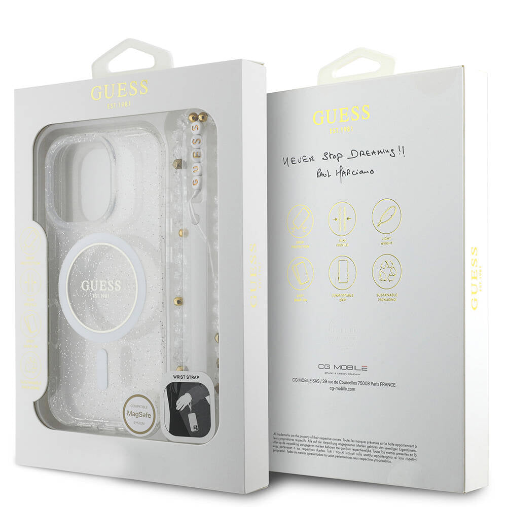 Apple iPhone 16 Pro Max Kılıf Guess Orjinal Lisanslı M-safe Şarj Özellikli Simli Silikon İnci Bileklikli Kapak Pembe