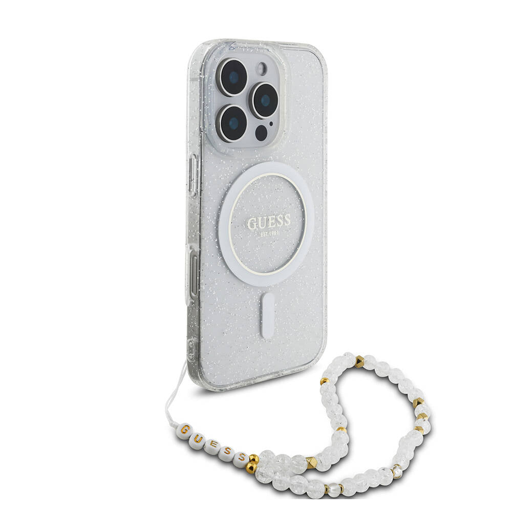 Apple iPhone 16 Pro Max Kılıf Guess Orjinal Lisanslı M-safe Şarj Özellikli Simli Silikon İnci Bileklikli Kapak Siyah