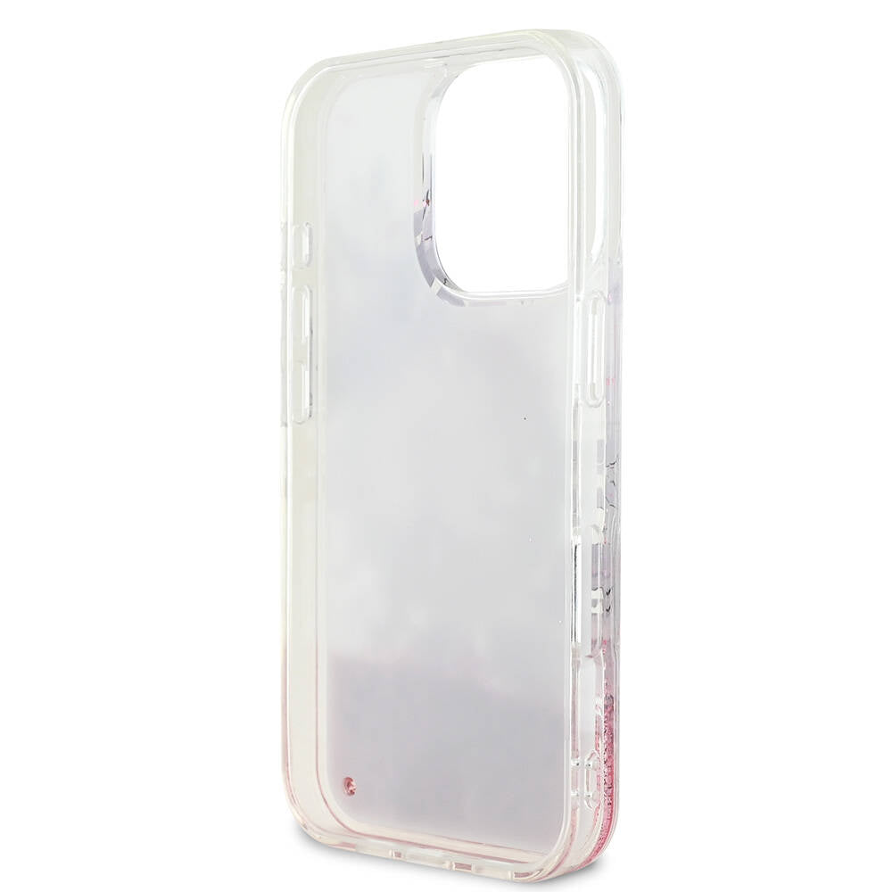 Apple iPhone 16 Pro Max Kılıf Guess Orjinal Lisanslı M-safe Şarj Özellikli Sıvılı Simli Çiçek Desenli Kapak Bej