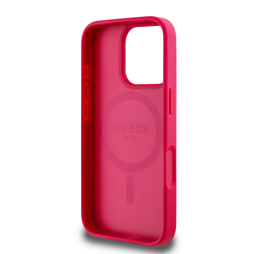 Apple iPhone 16 Pro Max Kılıf Guess Orjinal Lisanslı M-safe Şarj Özellikli Taneli Çiçek Tasarımlı Metal Yazı Logolu Kapak Siyah