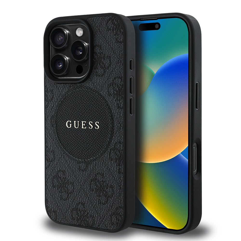 Apple iPhone 16 Pro Max Kılıf Guess Orjinal Lisanslı M-safe Şarj Özellikli Yazı Logolu Circle Classic Kapak Kahverengi