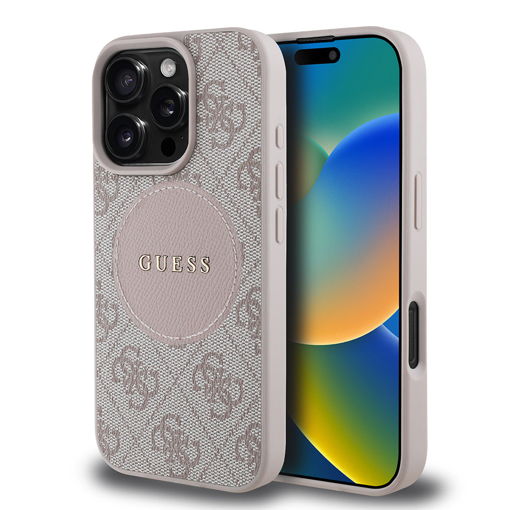 Apple iPhone 16 Pro Max Kılıf Guess Orjinal Lisanslı M-safe Şarj Özellikli Yazı Logolu Circle Classic Kapak Pembe