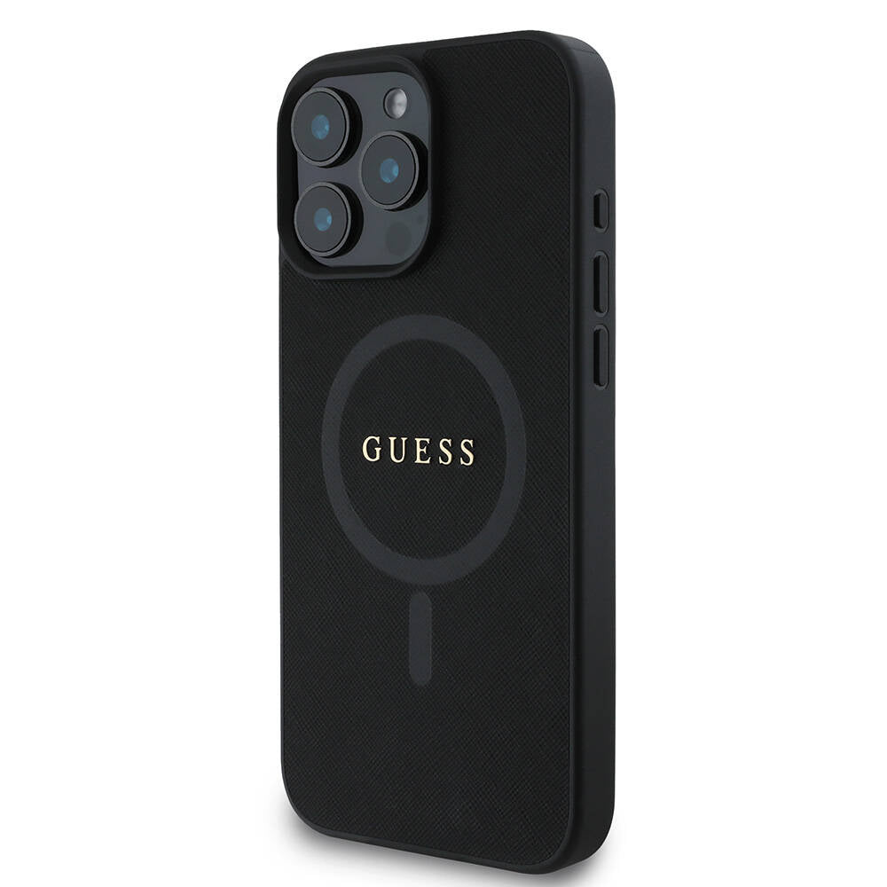Apple iPhone 16 Pro Max Kılıf Guess Orjinal Lisanslı M-safe Şarj Özellikli Yazı Logolu Saffiano Classic Kapak Siyah