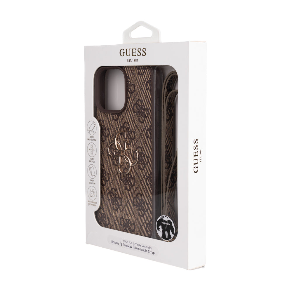 Apple iPhone 16 Pro Max Kılıf Guess Orjinal Lisanslı PU Deri 4G Büyük Metal Logolu Çapraz Vücut Askılı Kapak Siyah