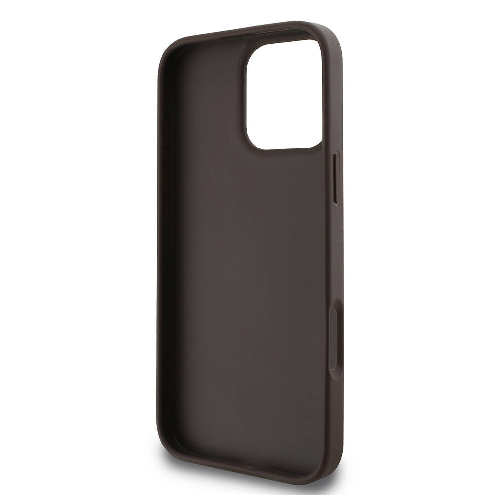 Apple iPhone 16 Pro Max Kılıf Guess Orjinal Lisanslı PU Deri 4G Desenli Metal Büyük 4G ve Yazı Logolu Kapak Kahverengi