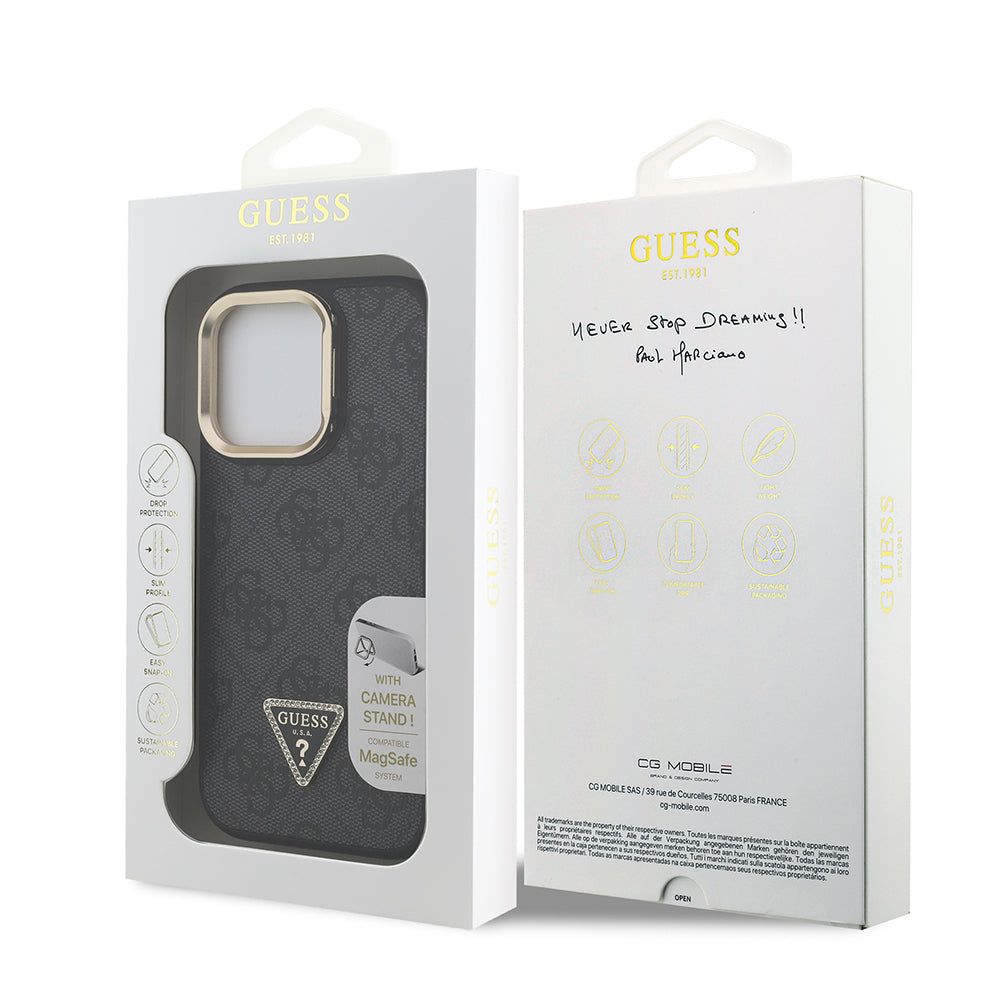 Apple iPhone 16 Pro Max Kılıf Guess Orjinal Lisanslı PU Deri Taşlı Üçgen Logo 4G Desenli Kamera Standlı Kapak Kahverengi