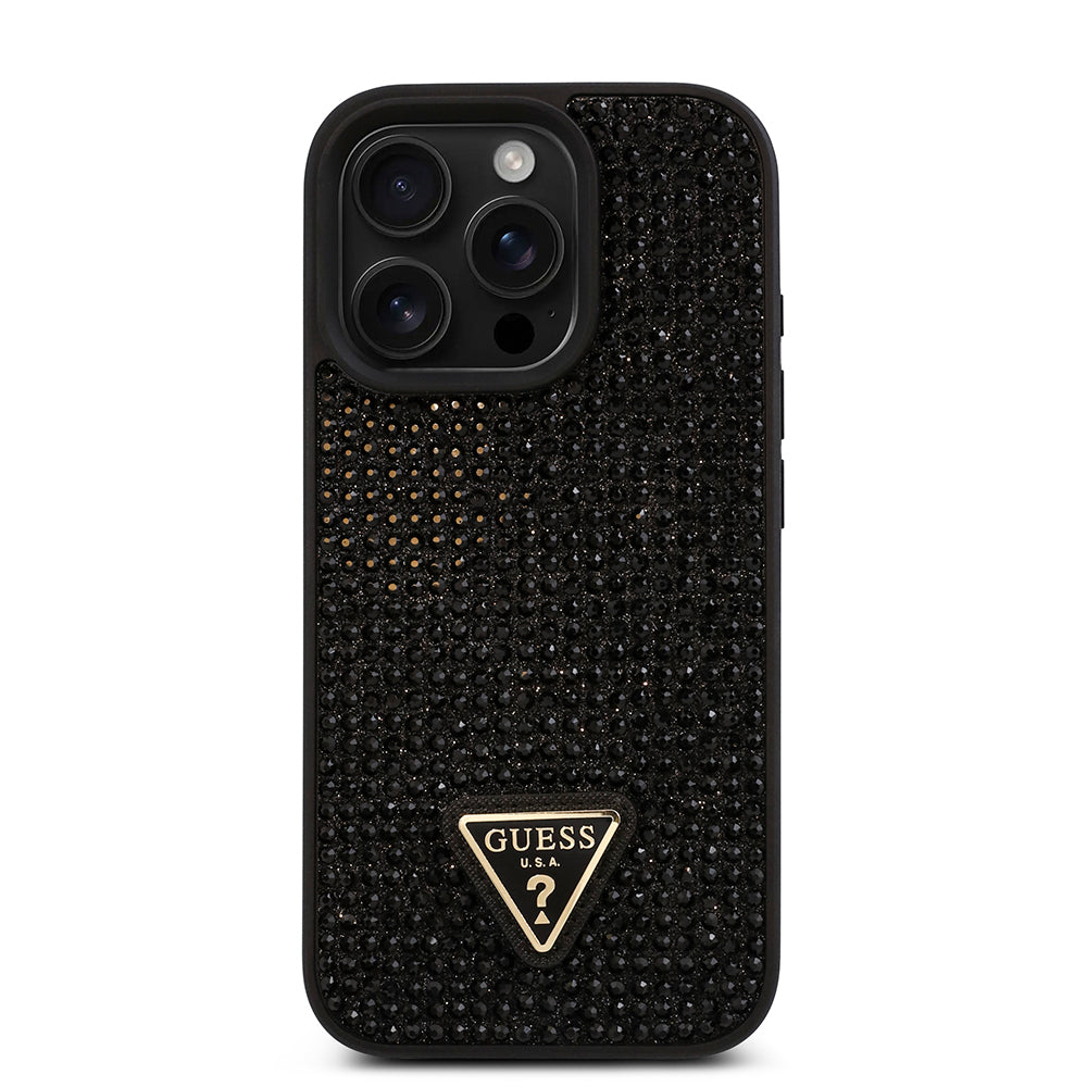 Apple iPhone 16 Pro Max Kılıf Guess Orjinal Lisanslı Taşlı Arka Yüzey Üçgen Logolu Kapak Siyah
