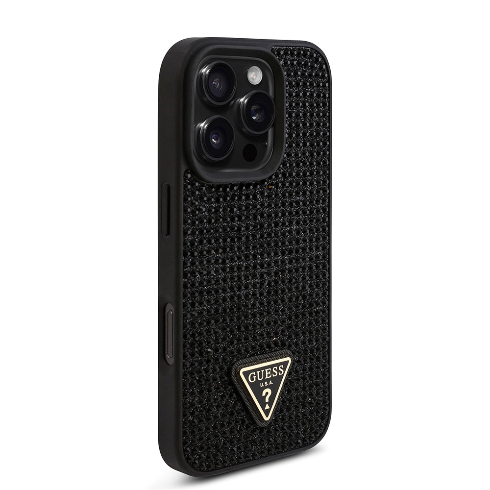 Apple iPhone 16 Pro Max Kılıf Guess Orjinal Lisanslı Taşlı Arka Yüzey Üçgen Logolu Kapak Pembe