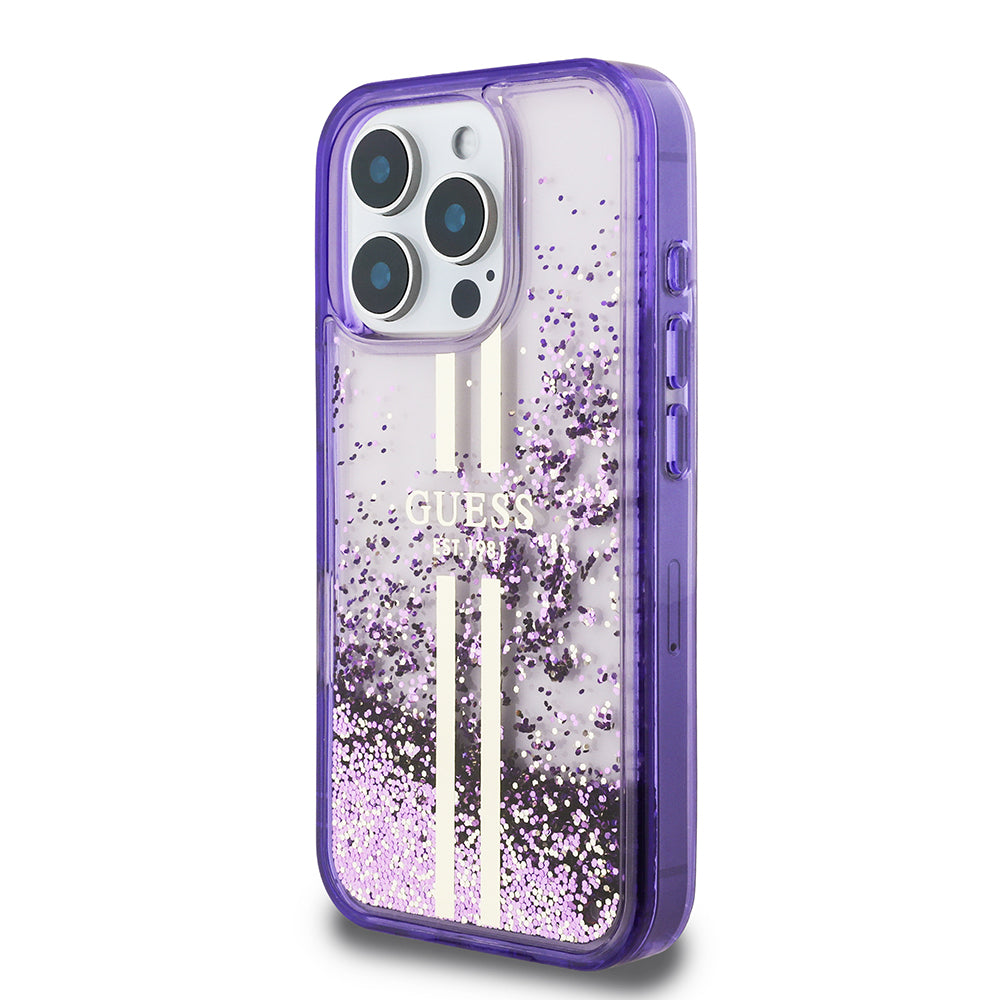 Apple iPhone 16 Pro Max Kılıf Guess Orjinal Lisanslı Transparan Sıvılı Simli Altın Çizgili Kapak Pembe