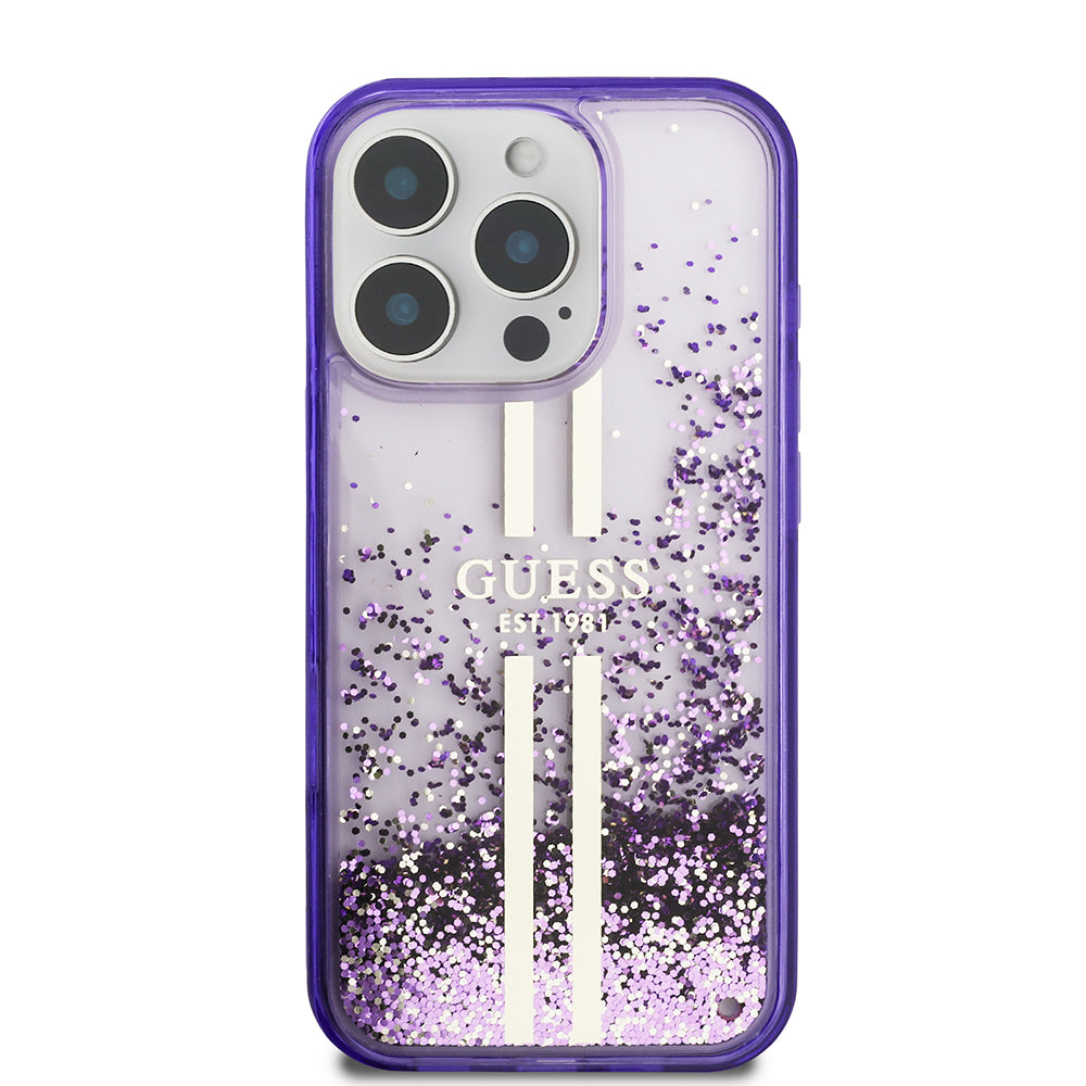 Apple iPhone 16 Pro Max Kılıf Guess Orjinal Lisanslı Transparan Sıvılı Simli Altın Çizgili Kapak Pembe