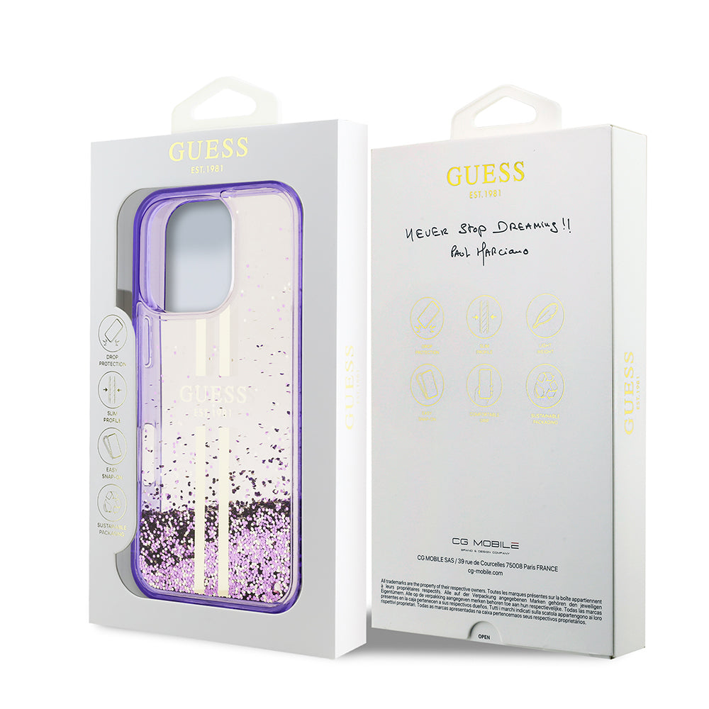 Apple iPhone 16 Pro Max Kılıf Guess Orjinal Lisanslı Transparan Sıvılı Simli Altın Çizgili Kapak Mor
