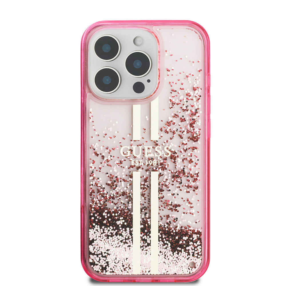 Apple iPhone 16 Pro Max Kılıf Guess Orjinal Lisanslı Transparan Sıvılı Simli Altın Çizgili Kapak Pembe