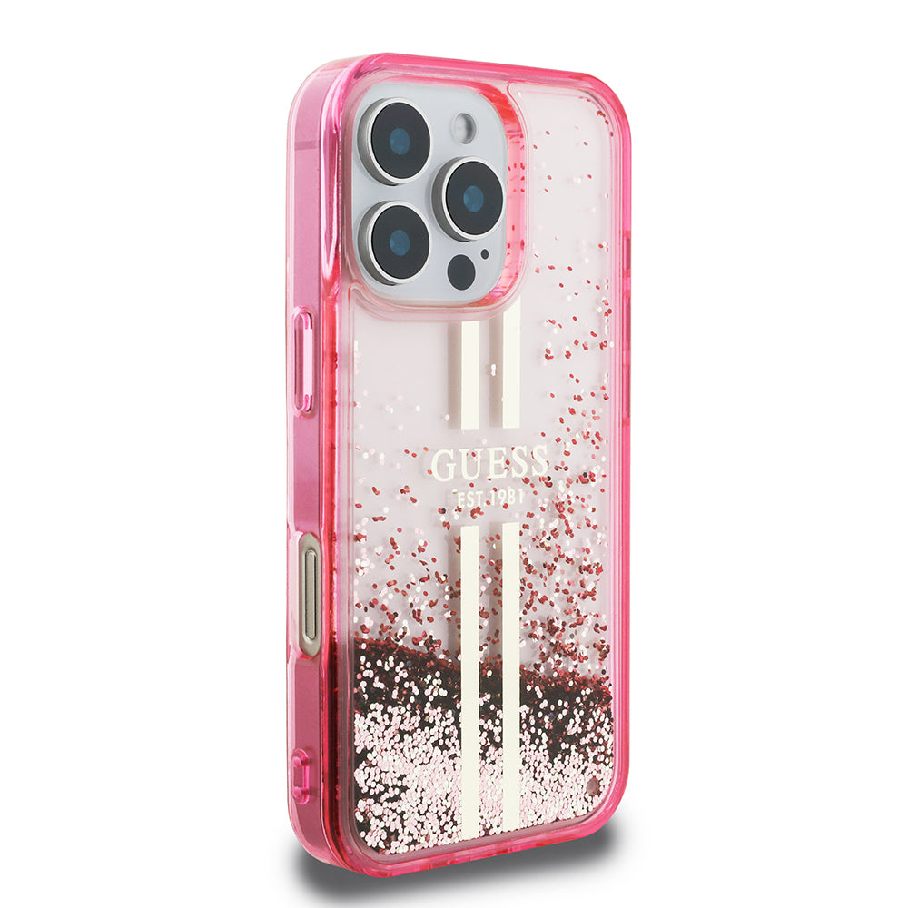 Apple iPhone 16 Pro Max Kılıf Guess Orjinal Lisanslı Transparan Sıvılı Simli Altın Çizgili Kapak Mor