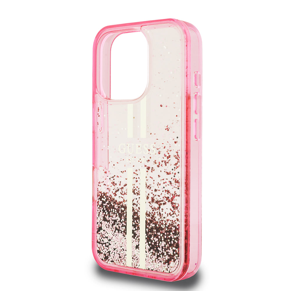 Apple iPhone 16 Pro Max Kılıf Guess Orjinal Lisanslı Transparan Sıvılı Simli Altın Çizgili Kapak Mor