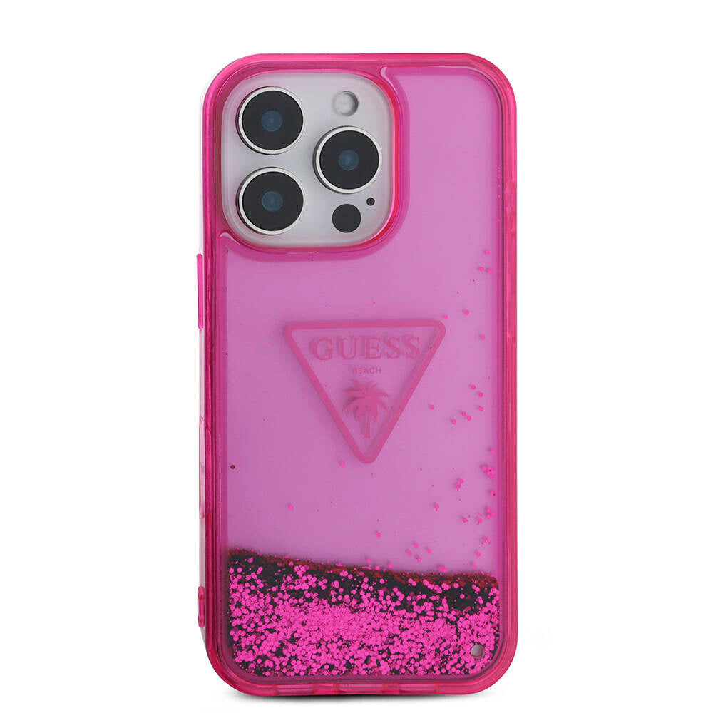 Apple iPhone 16 Pro Max Kılıf Guess Orjinal Lisanslı Transparan Sıvılı Simli Dizayn Kapak Pembe