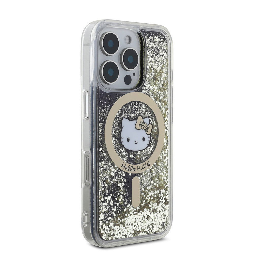 Apple iPhone 16 Pro Max Kılıf Hello Kitty Orjinal Lisanslı M-safe Şarj Özellikli IML Baskı Kitty Head Logolu Sıvılı Simli Altın Ateşi Kapak Siyah