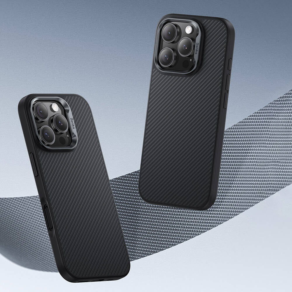 Apple iPhone 16 Pro Max Kılıf Karbon Fiber M-safe Şarj Özellikli Benks Hybrid ArmorPro 600D Kevlar Kapak Siyah
