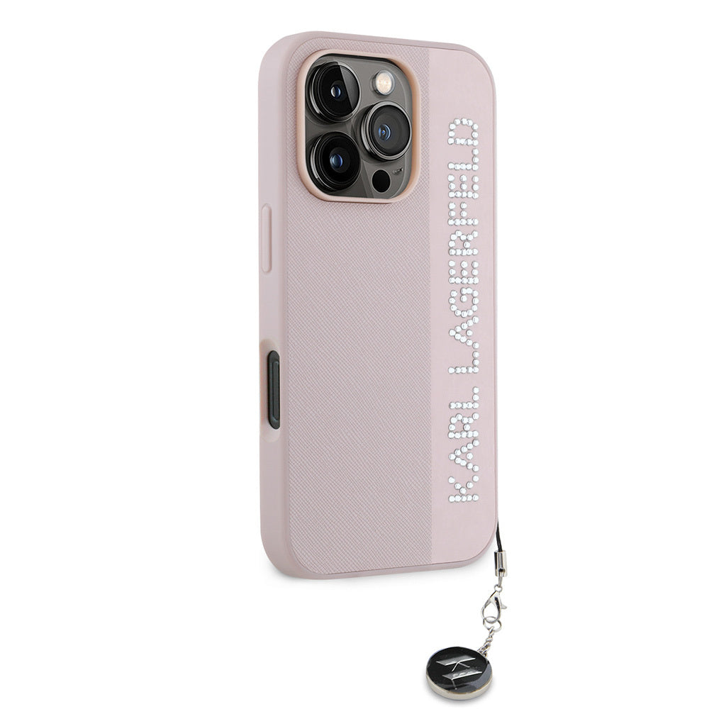 Apple iPhone 16 Pro Max Kılıf Karl Lagerfeld Orjinal Lisanslı Anahtarlıklı Taşlı KL Yazılı Saffiano Rhinestones Kapak Siyah