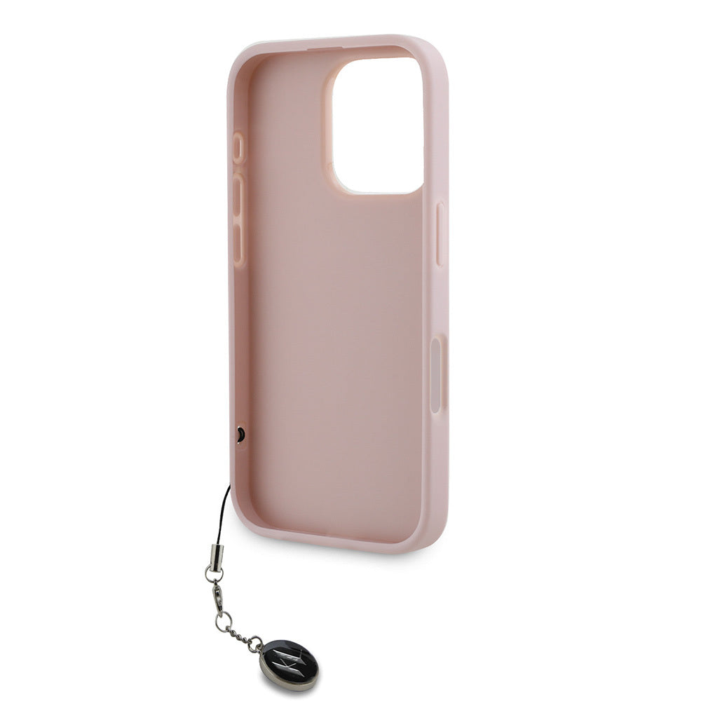 Apple iPhone 16 Pro Max Kılıf Karl Lagerfeld Orjinal Lisanslı Anahtarlıklı Taşlı KL Yazılı Saffiano Rhinestones Kapak Pembe