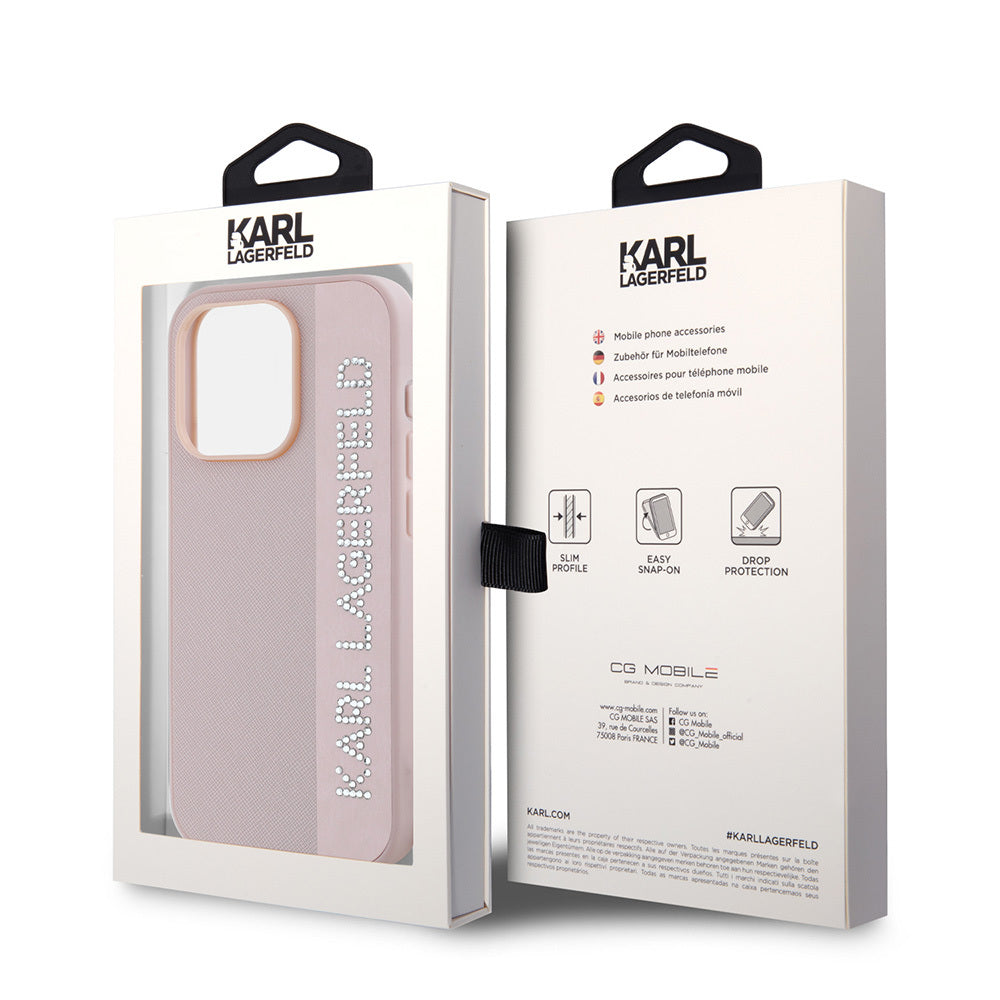 Apple iPhone 16 Pro Max Kılıf Karl Lagerfeld Orjinal Lisanslı Anahtarlıklı Taşlı KL Yazılı Saffiano Rhinestones Kapak Pembe