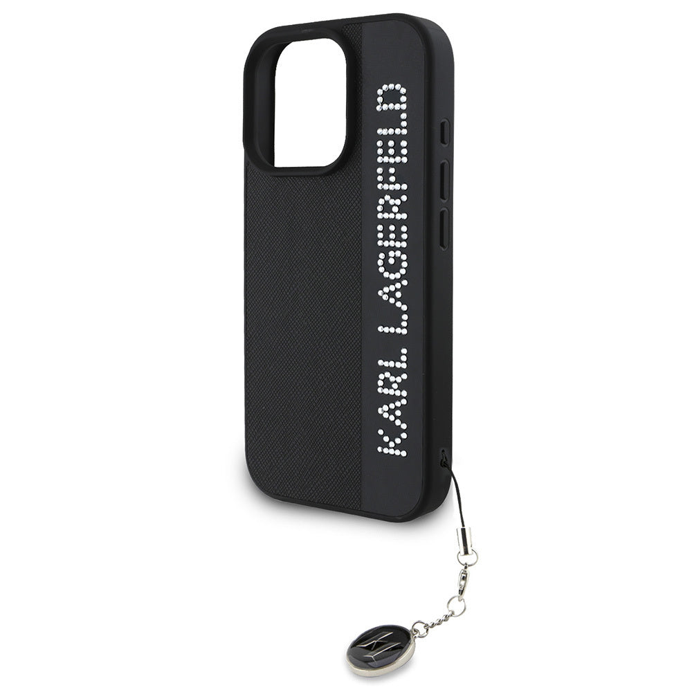 Apple iPhone 16 Pro Max Kılıf Karl Lagerfeld Orjinal Lisanslı Anahtarlıklı Taşlı KL Yazılı Saffiano Rhinestones Kapak Pembe