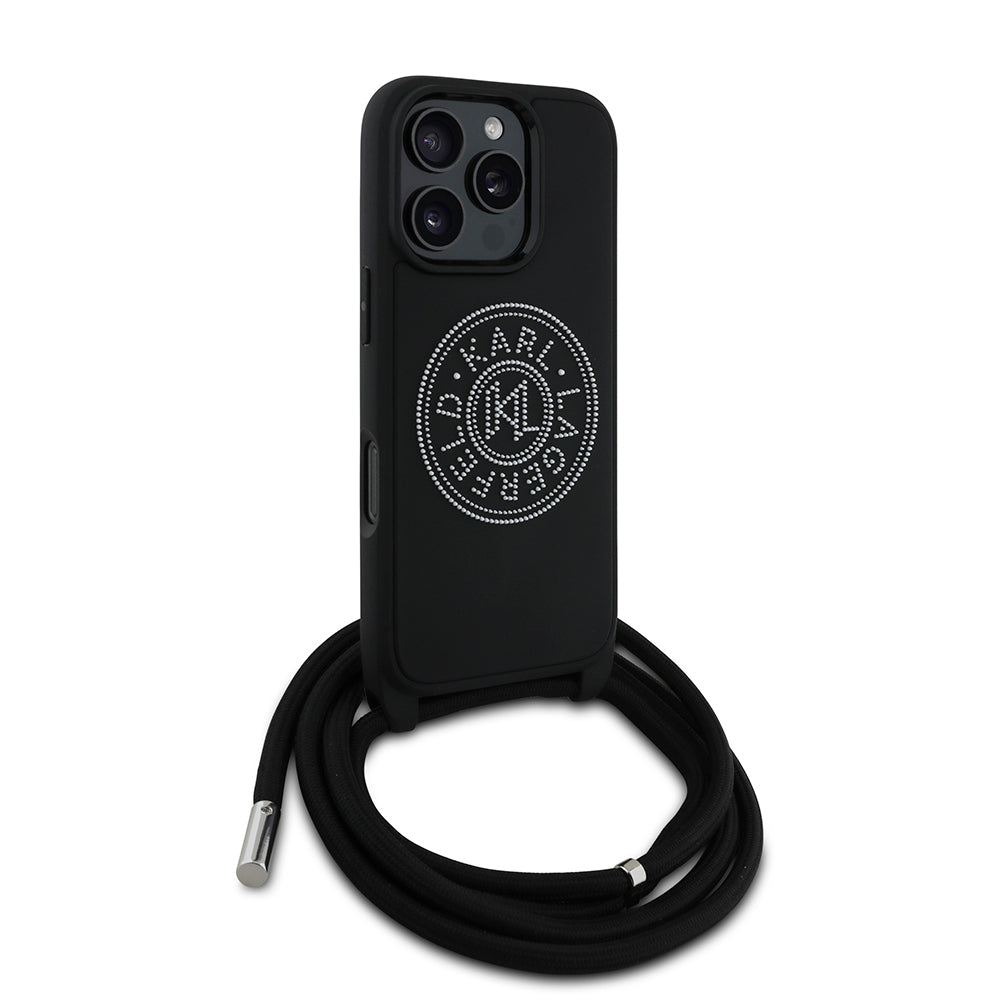 Apple iPhone 16 Pro Max Kılıf Karl Lagerfeld Orjinal Lisanslı Askı İpli Taşlı KL Yazılı Crossbody Cord Kapak Siyah