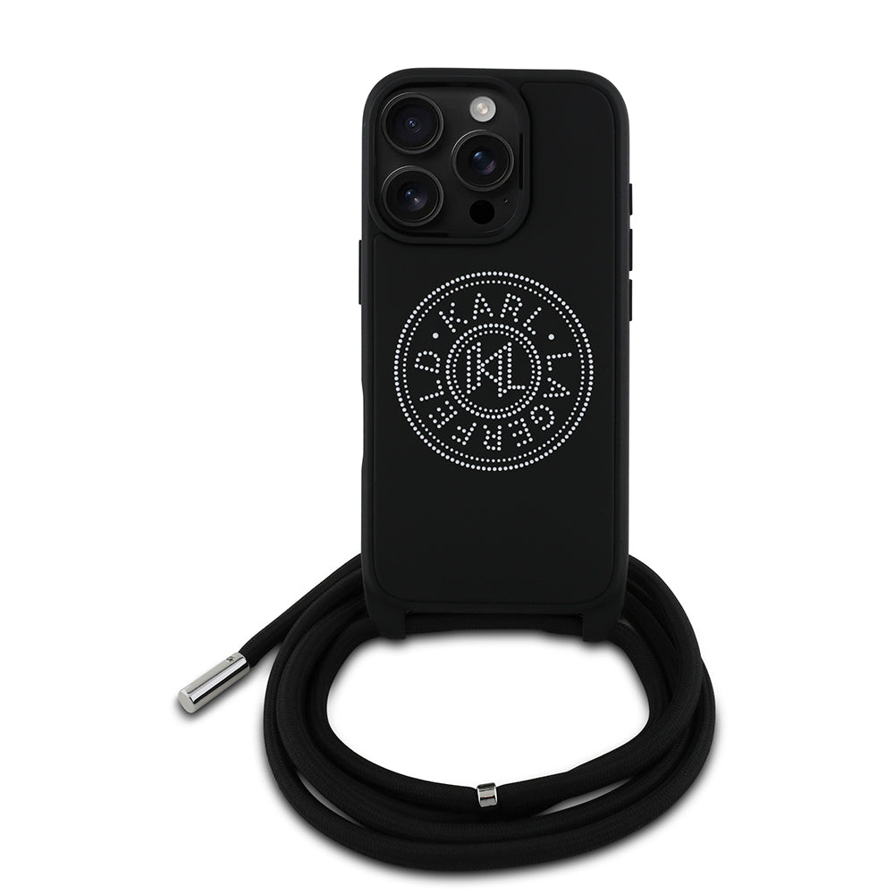 Apple iPhone 16 Pro Max Kılıf Karl Lagerfeld Orjinal Lisanslı Askı İpli Taşlı KL Yazılı Crossbody Cord Kapak Siyah