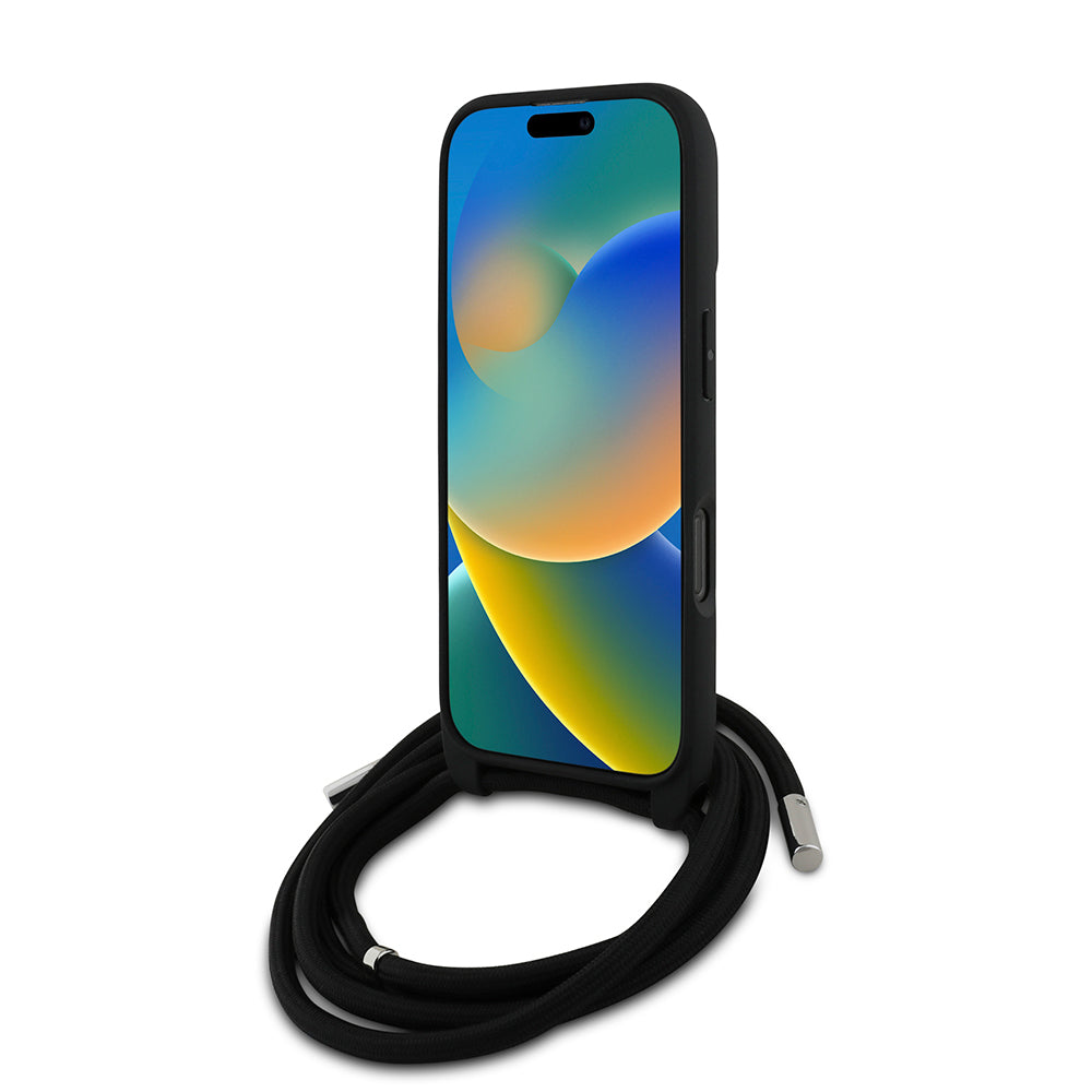 Apple iPhone 16 Pro Max Kılıf Karl Lagerfeld Orjinal Lisanslı Askı İpli Taşlı KL Yazılı Crossbody Cord Kapak Siyah