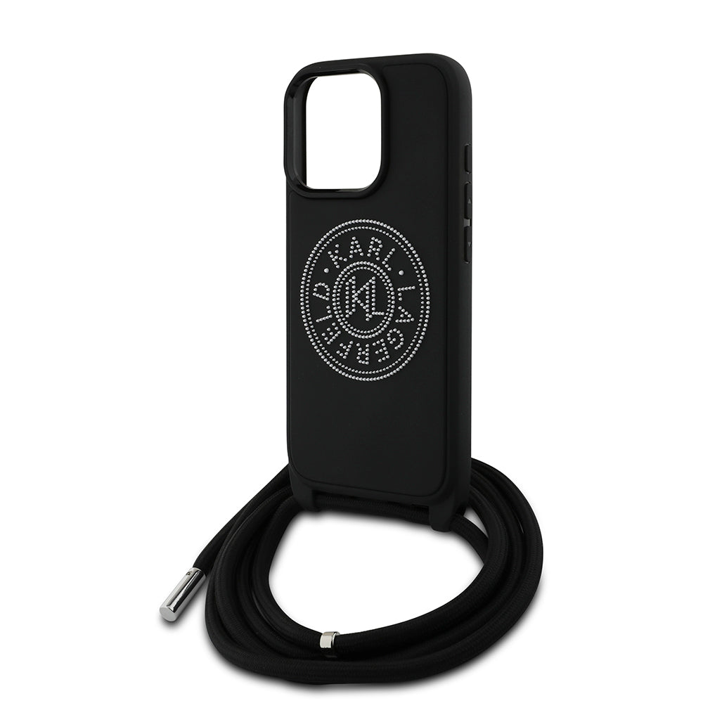 Apple iPhone 16 Pro Max Kılıf Karl Lagerfeld Orjinal Lisanslı Askı İpli Taşlı KL Yazılı Crossbody Cord Kapak Siyah