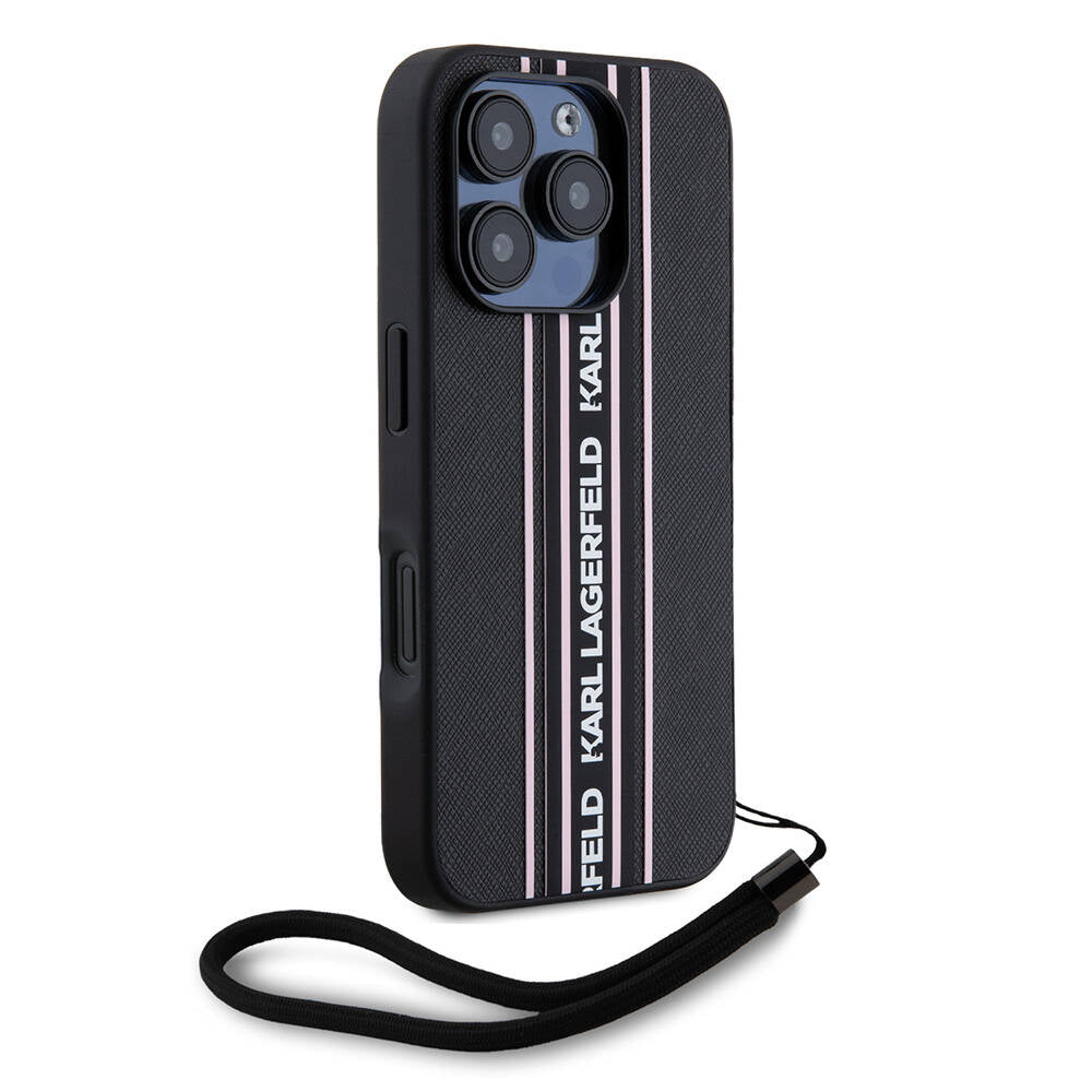 Apple iPhone 16 Pro Max Kılıf Karl Lagerfeld Orjinal Lisanslı Askılı Saffiano Athleisure Şerit Çizgili Kapak Pembe