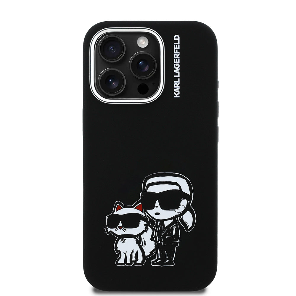Apple iPhone 16 Pro Max Kılıf Karl Lagerfeld Orjinal Lisanslı Karl & Choupette Sketch Logo Sililkon Kapak Siyah