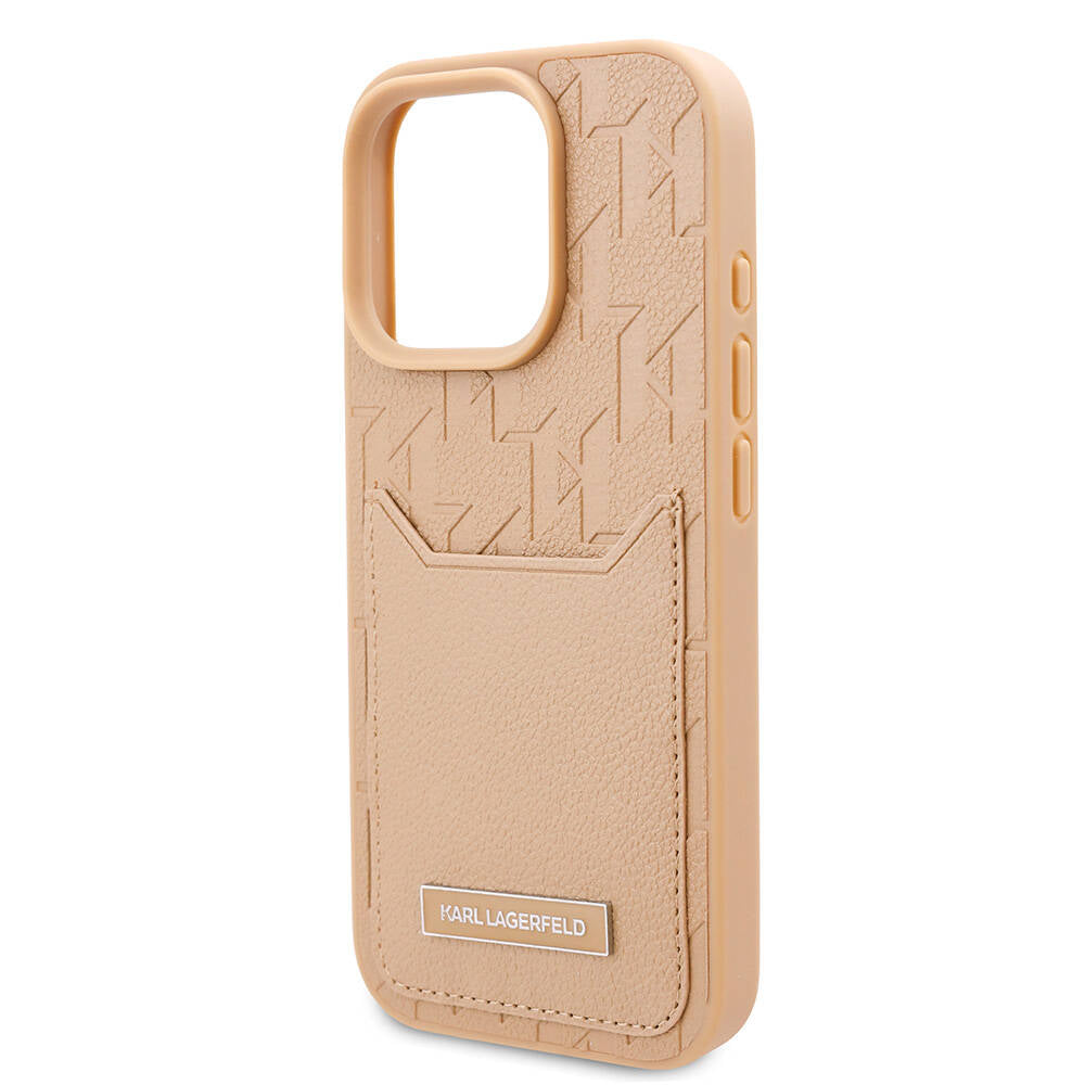 Apple iPhone 16 Pro Max Kılıf Karl Lagerfeld Orjinal Lisanslı KL Desenli Kartlıklı Monogram Kapak Kahverengi