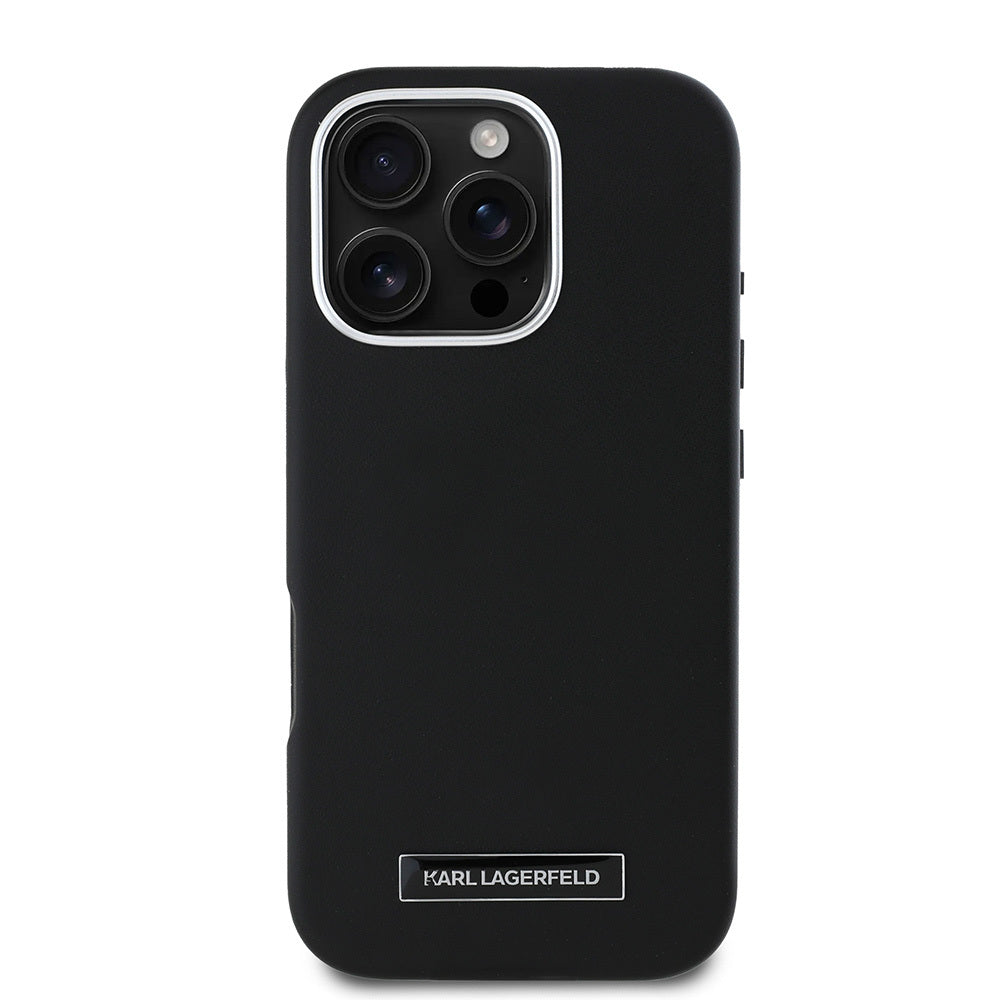 Apple iPhone 16 Pro Max Kılıf Karl Lagerfeld Orjinal Lisanslı M-safe Şarj Özellikli Metal Kamera ve Buton Tasarımlı Plaka Logolu PU Deri Kapak Siyah