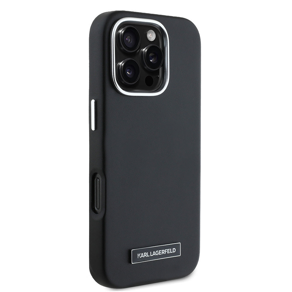 Apple iPhone 16 Pro Max Kılıf Karl Lagerfeld Orjinal Lisanslı M-safe Şarj Özellikli Metal Kamera ve Buton Tasarımlı Plaka Logolu PU Deri Kapak Siyah