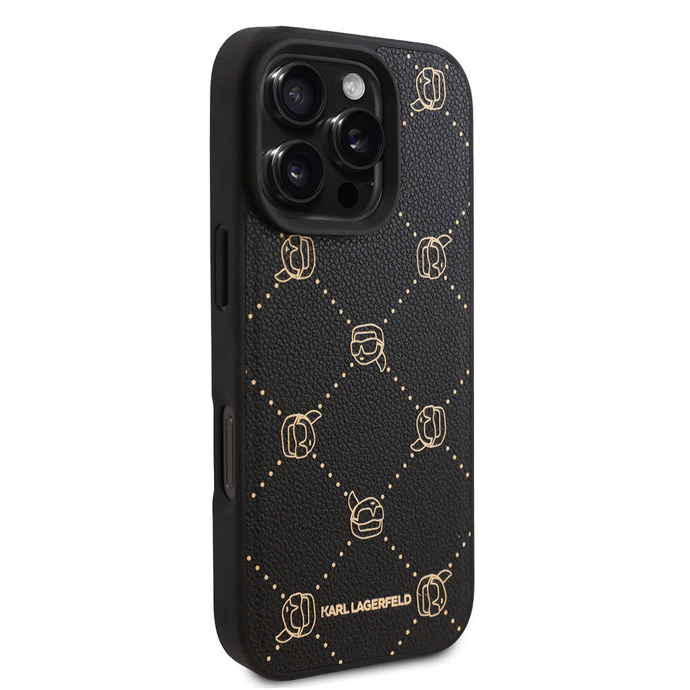 Apple iPhone 16 Pro Max Kılıf Karl Lagerfeld Orjinal Lisanslı M-safe Şarj Özellikli PU Deri Karl Heads Desenli Klasik Logolu Kapak Siyah