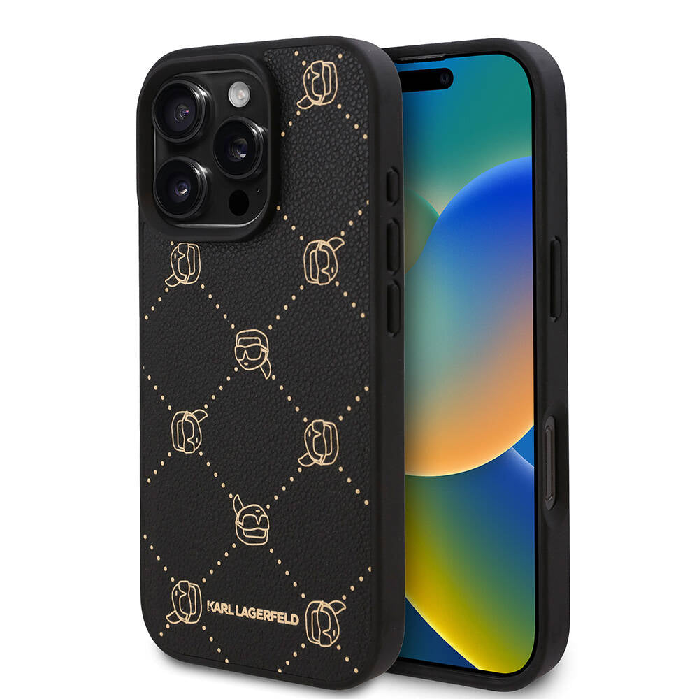 Apple iPhone 16 Pro Max Kılıf Karl Lagerfeld Orjinal Lisanslı M-safe Şarj Özellikli PU Deri Karl Heads Desenli Klasik Logolu Kapak Siyah