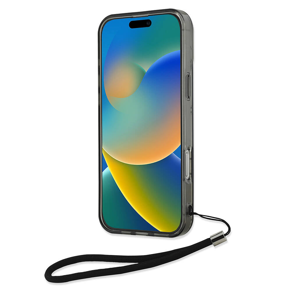 Apple iPhone 16 Pro Max Kılıf Karl Lagerfeld Orjinal Lisanslı KL Desenli Saydam Bilek Askı İpli Klasik Logolu Kapak Siyah