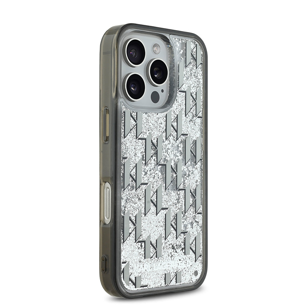 Apple iPhone 16 Pro Max Kılıf Karl Lagerfeld Orjinal Lisanslı Simli KL Yazılı Monogram Gradient Kapak Siyah