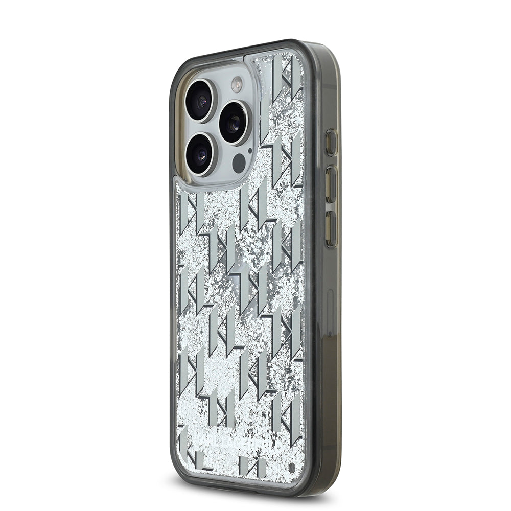 Apple iPhone 16 Pro Max Kılıf Karl Lagerfeld Orjinal Lisanslı Simli KL Yazılı Monogram Gradient Kapak Siyah