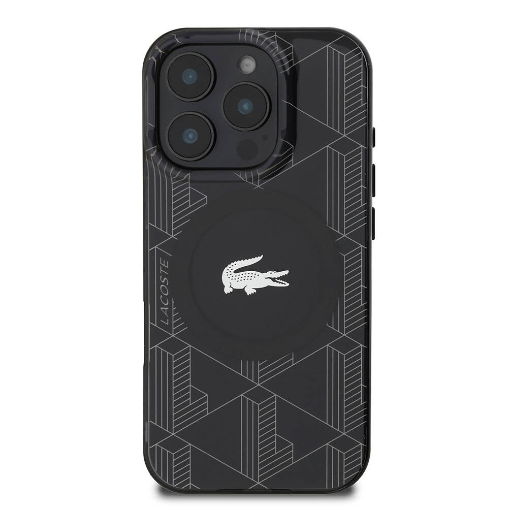 Apple iPhone 16 Pro Max Kılıf Lacoste Orjinal Lisanslı M-safe Şarj Özellikli IML Baskılı Gümüş Timsah Logolu Monogram Kapak Lacivert