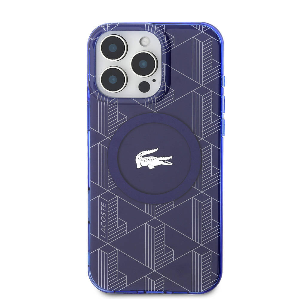 Apple iPhone 16 Pro Max Kılıf Lacoste Orjinal Lisanslı M-safe Şarj Özellikli IML Baskılı Gümüş Timsah Logolu Monogram Kapak Lacivert