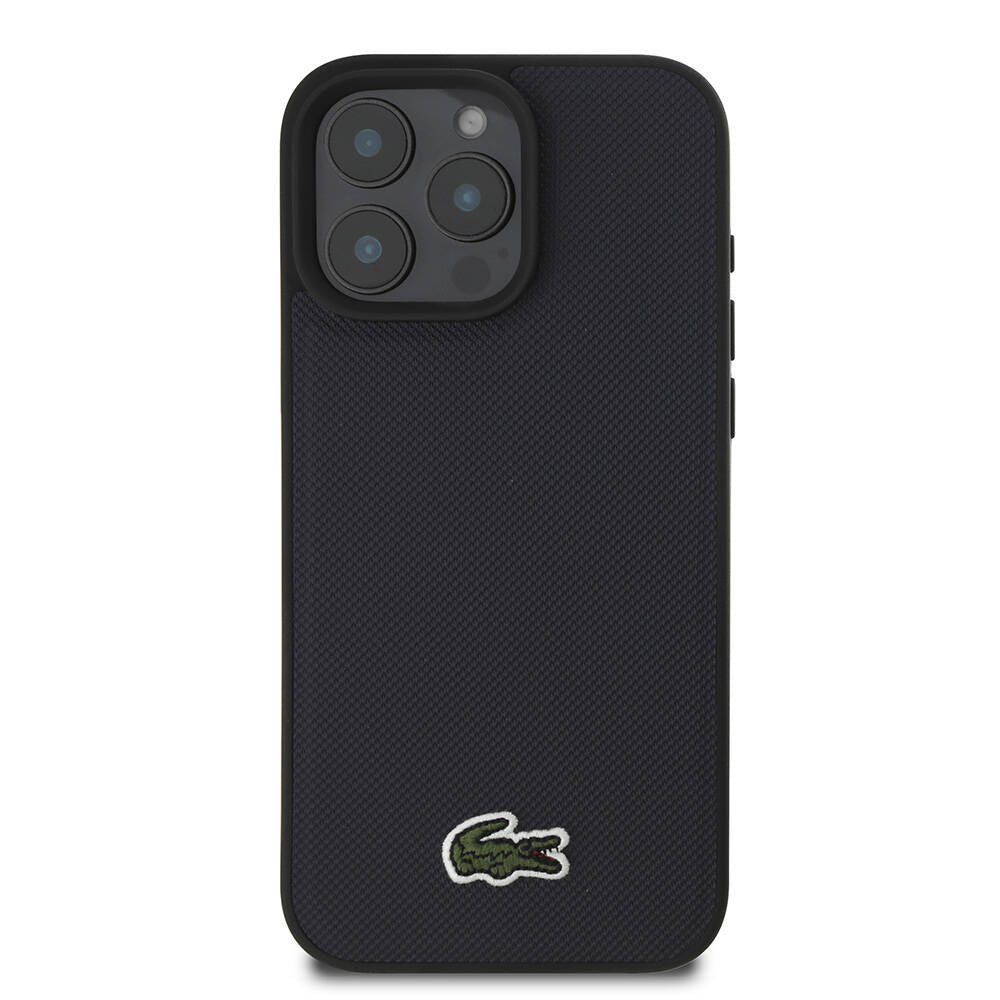 Apple iPhone 16 Pro Max Kılıf Lacoste Orjinal Lisanslı PU Pike Desenli Arka Yüzey İkonik Timsah Dokuma Logolu Kapak Lacivert