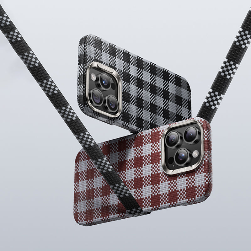 Apple iPhone 16 Pro Max Kılıf M-safe Şarj Özellikli Ekose Tasarımlı Benks ArmorVichy Kevlar Kapak Kırmızı