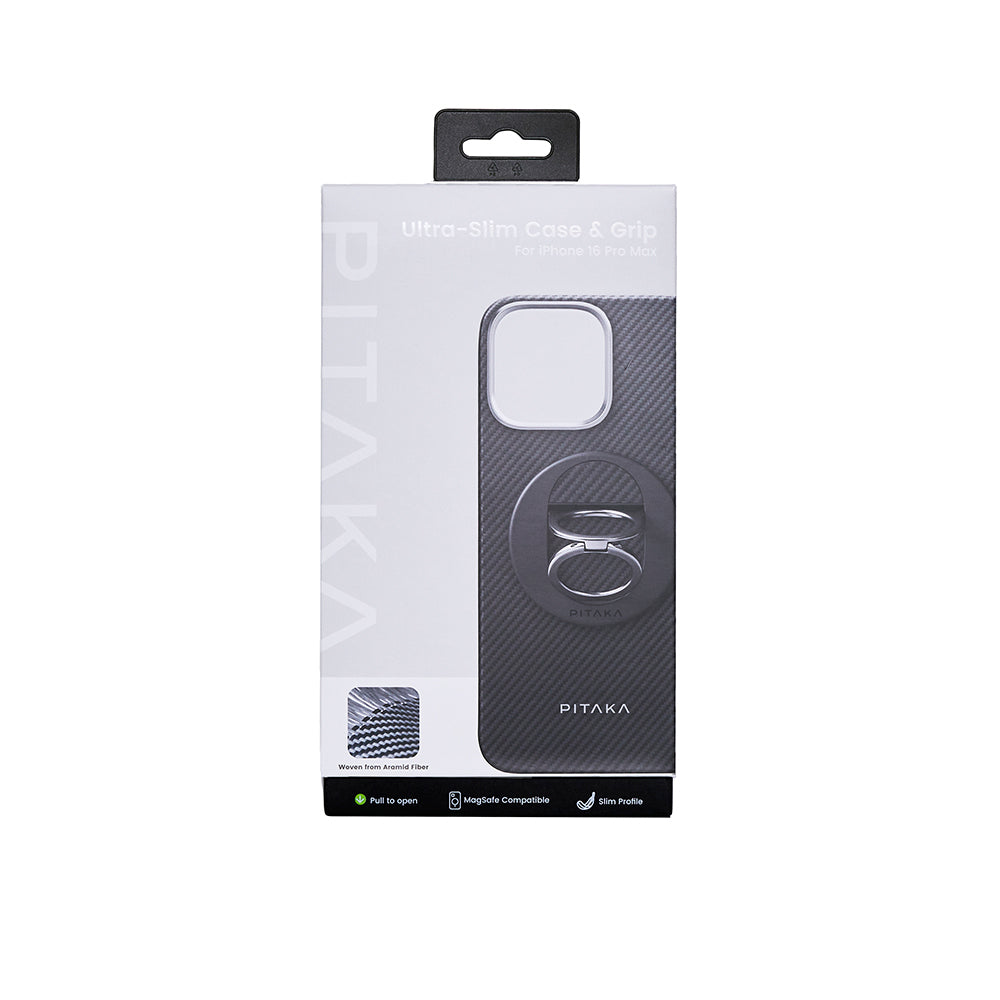 Apple iPhone 16 Pro Max Kılıf M-safe Şarj Özellikli Grip 3 Standlı 600D Aramid Fiber Pitaka Ultra-Slim Classic Serisi Black-Grey Twill Kapak Siyah-Gri