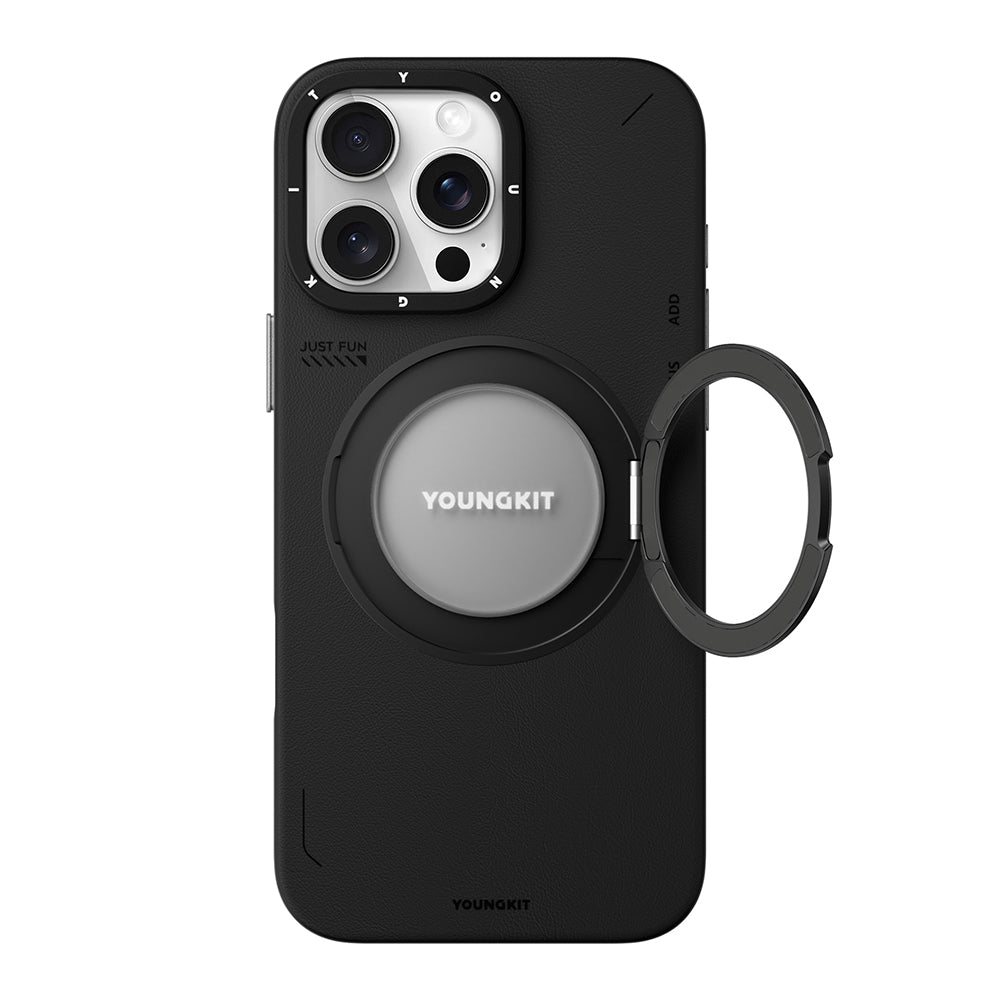 Apple iPhone 16 Pro Max Kılıf M-safe Şarj Özellikli 360° Standlı Basit Mat Deri Desenli Youngkit Tech Leather Serisi Kapak Kahverengi