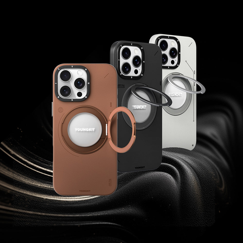 Apple iPhone 16 Pro Max Kılıf M-safe Şarj Özellikli 360° Standlı Basit Mat Deri Desenli Youngkit Tech Leather Serisi Kapak Siyah