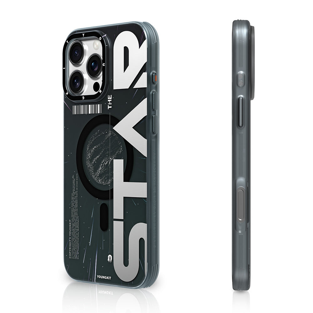 Apple iPhone 16 Pro Max Kılıf M-safe Şarj Özellikli Airbagli Hologram Tasarımlı Youngkit Interstellar Serisi Kapak Siyah-Beyaz