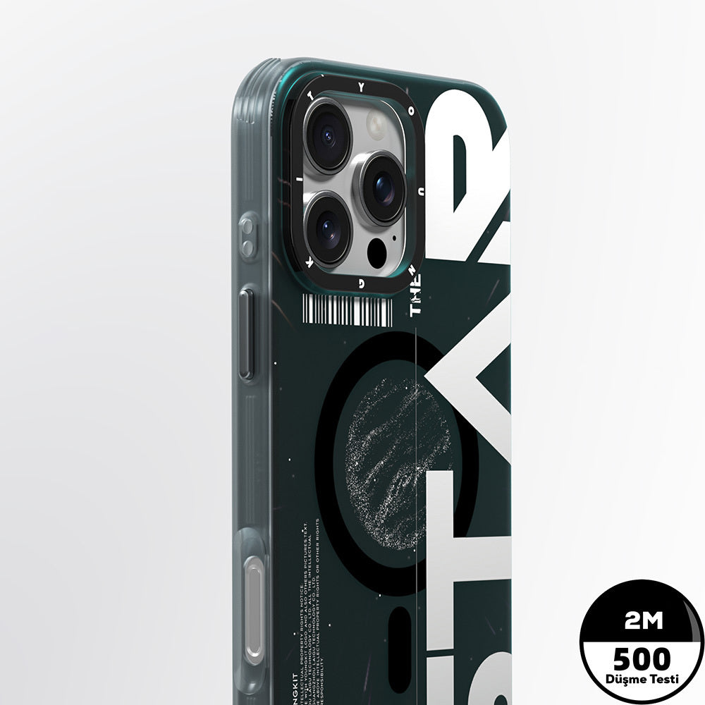 Apple iPhone 16 Pro Max Kılıf M-safe Şarj Özellikli Airbagli Hologram Tasarımlı Youngkit Interstellar Serisi Kapak Siyah-Turuncu