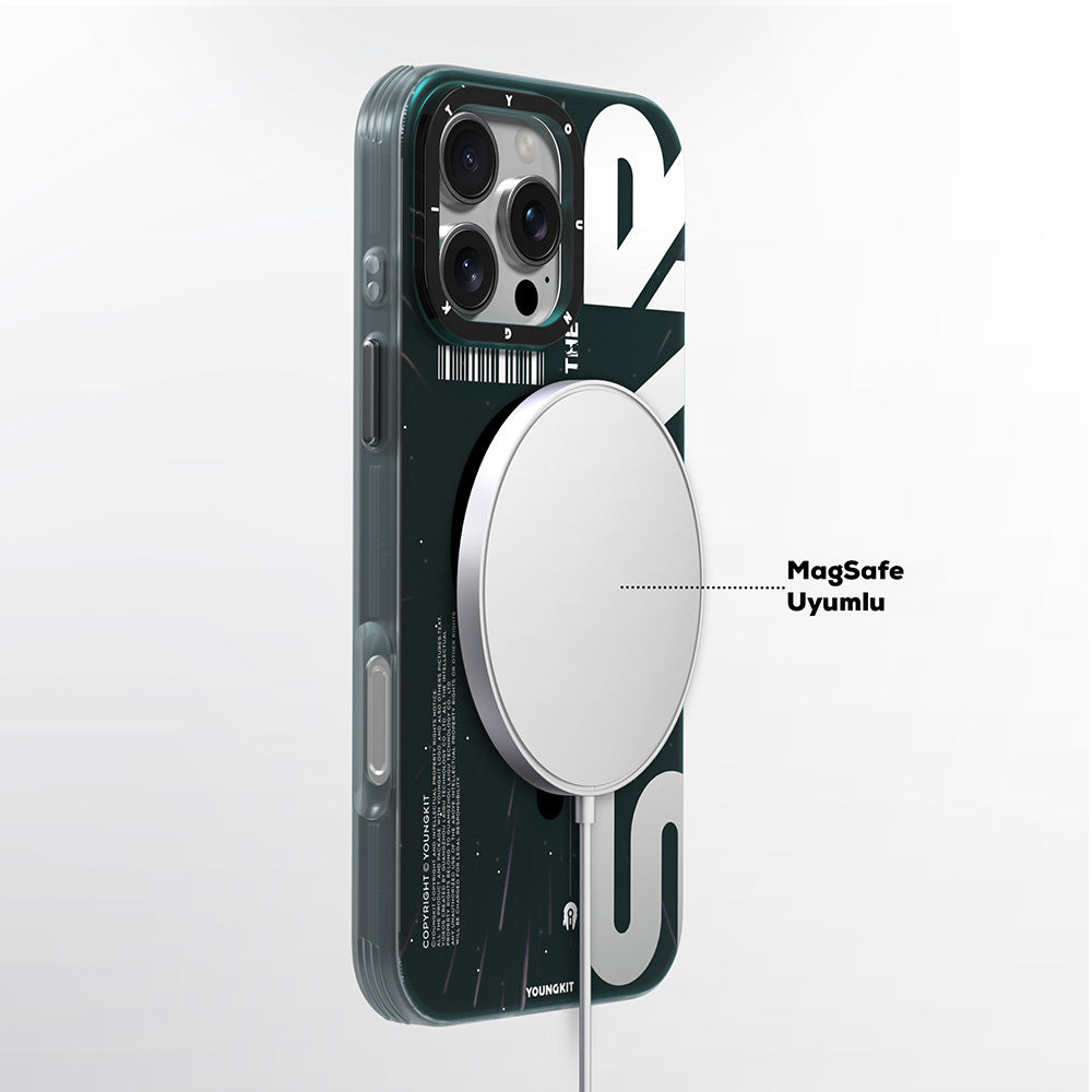 Apple iPhone 16 Pro Max Kılıf M-safe Şarj Özellikli Airbagli Hologram Tasarımlı Youngkit Interstellar Serisi Kapak Füme
