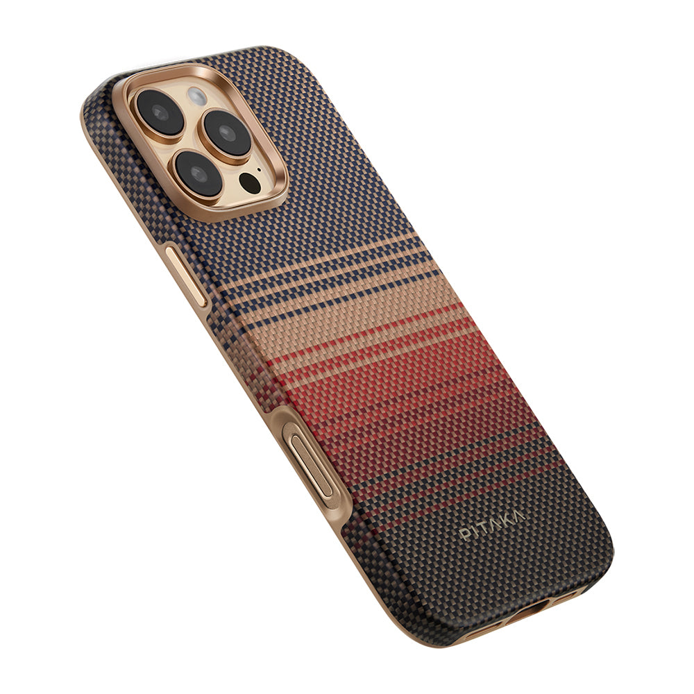 Apple iPhone 16 Pro Max Kılıf M-safe Şarj Özellikli Aramid Fiber Pitaka Military-Grade Sunset-Moonrise Serisi Sunset Kapak Kahverengi